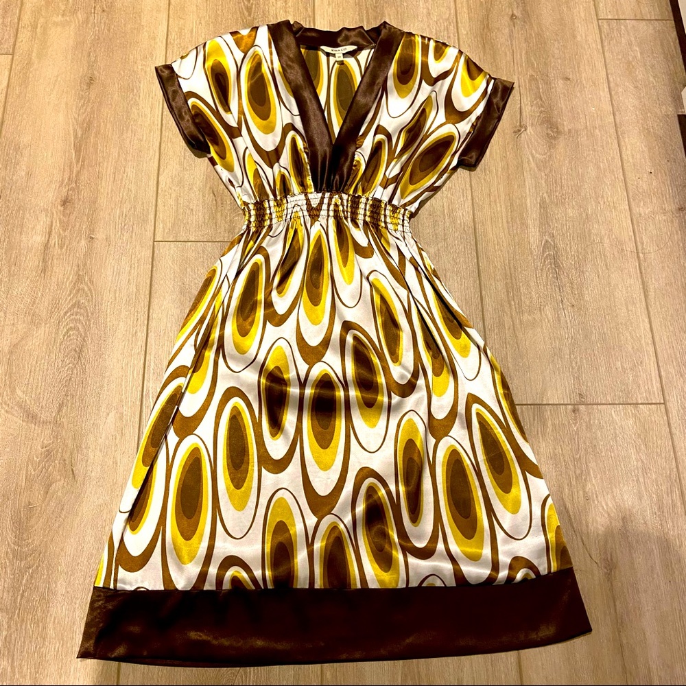 RW&CO Brown Peacock Pattern Satin Dress, Small - Picture 1 of 9